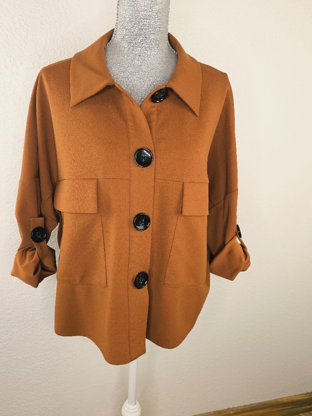 Bar III Tan Utility Jacket Blazer Chunky Buttons Size Large